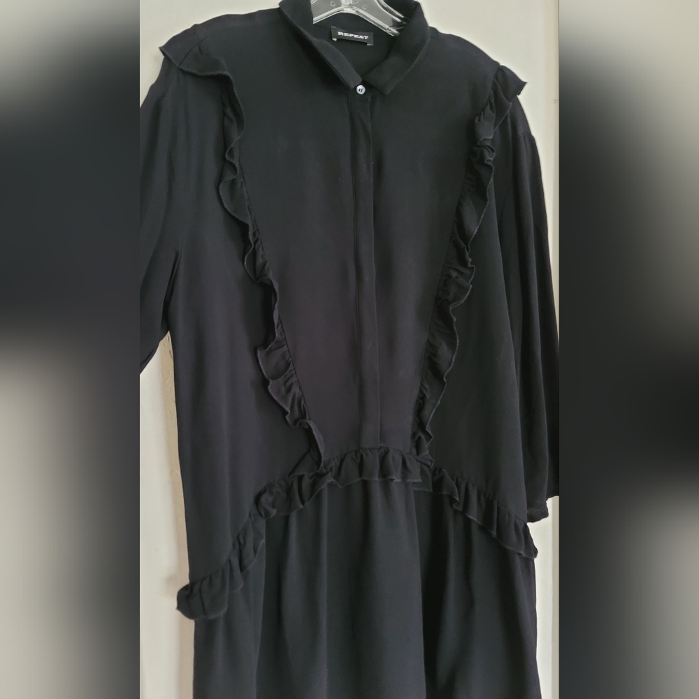 Repeat Cashmere Black Ruffle Mini Shirt Dress Womens Size 42/Medium Crepe - Picture 4 of 15